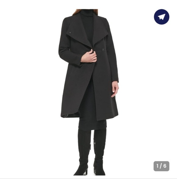 Black Charcoal Calvin Klein Wool Asymmetrical Wrap Coat – Size Large - Picture 11 of 11